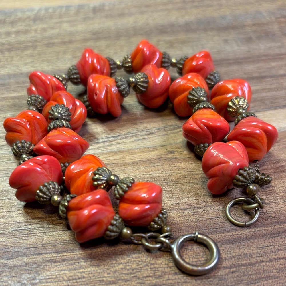 Vintage orange & red glass swirl double strand bracelet